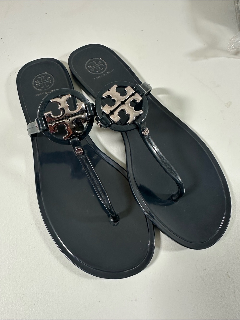 Tory Burch Sz 9 Women’s Blue Thong Sandals Big Logo TPU Slip On